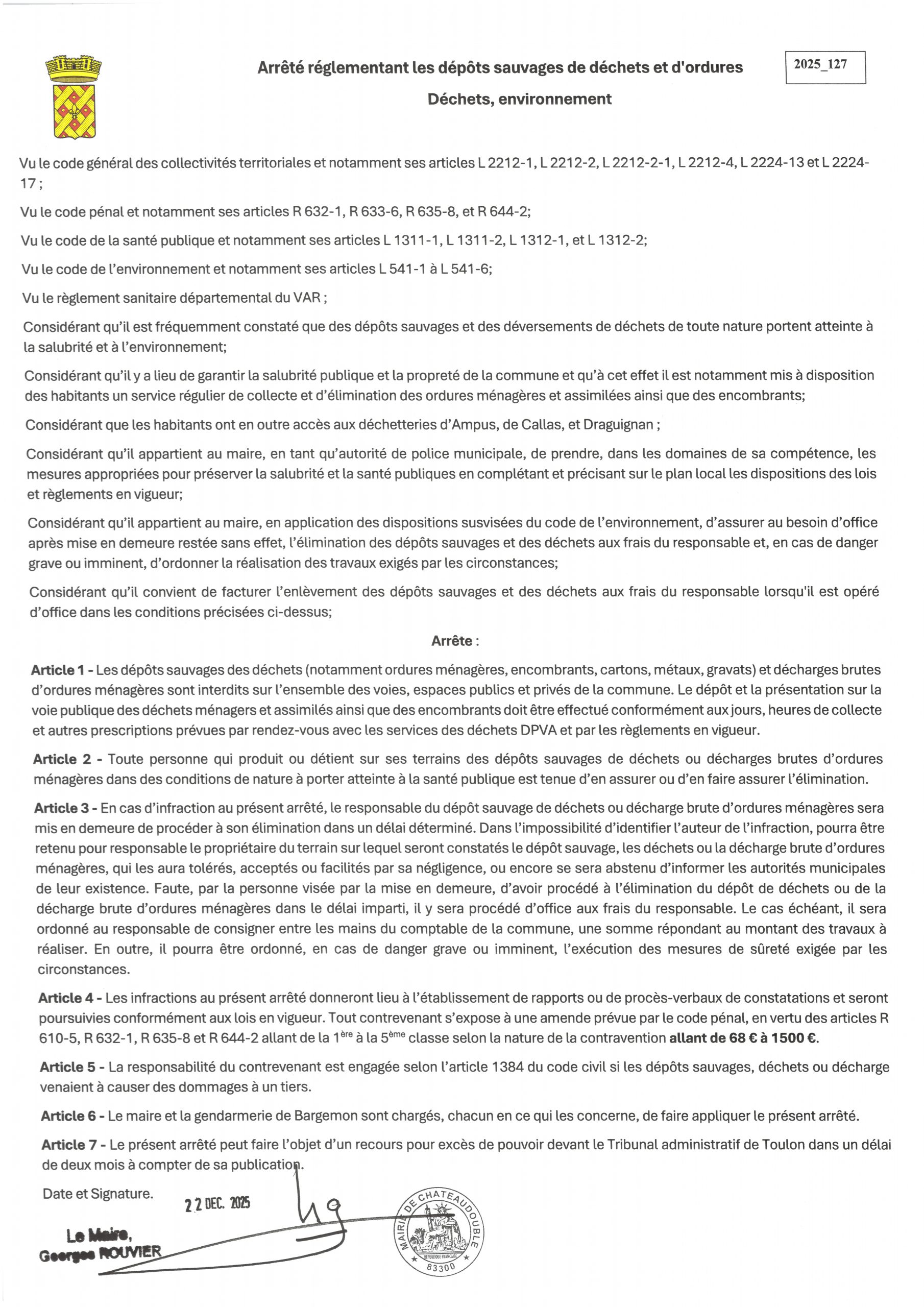 Arrêté réglementant les dépôts sauvages de déchets et d'ordures.