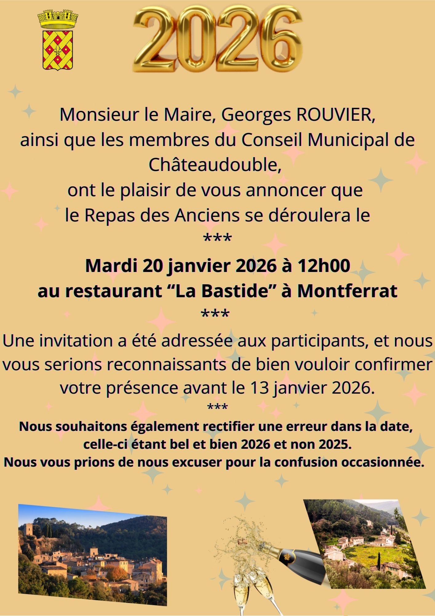 Repas des Anciens Mardi 20 janvier 2026 à 12h00 au restaurant “La Bastide” à Montferrat