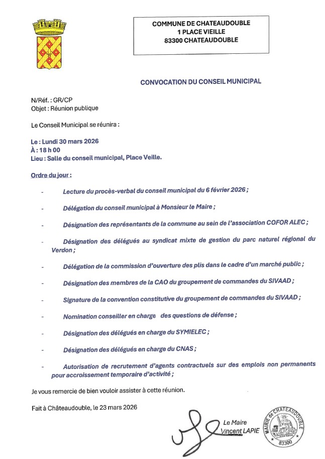 CONSEIL MUNICIPAL LUNDI 30 MARS 2026 A 18H