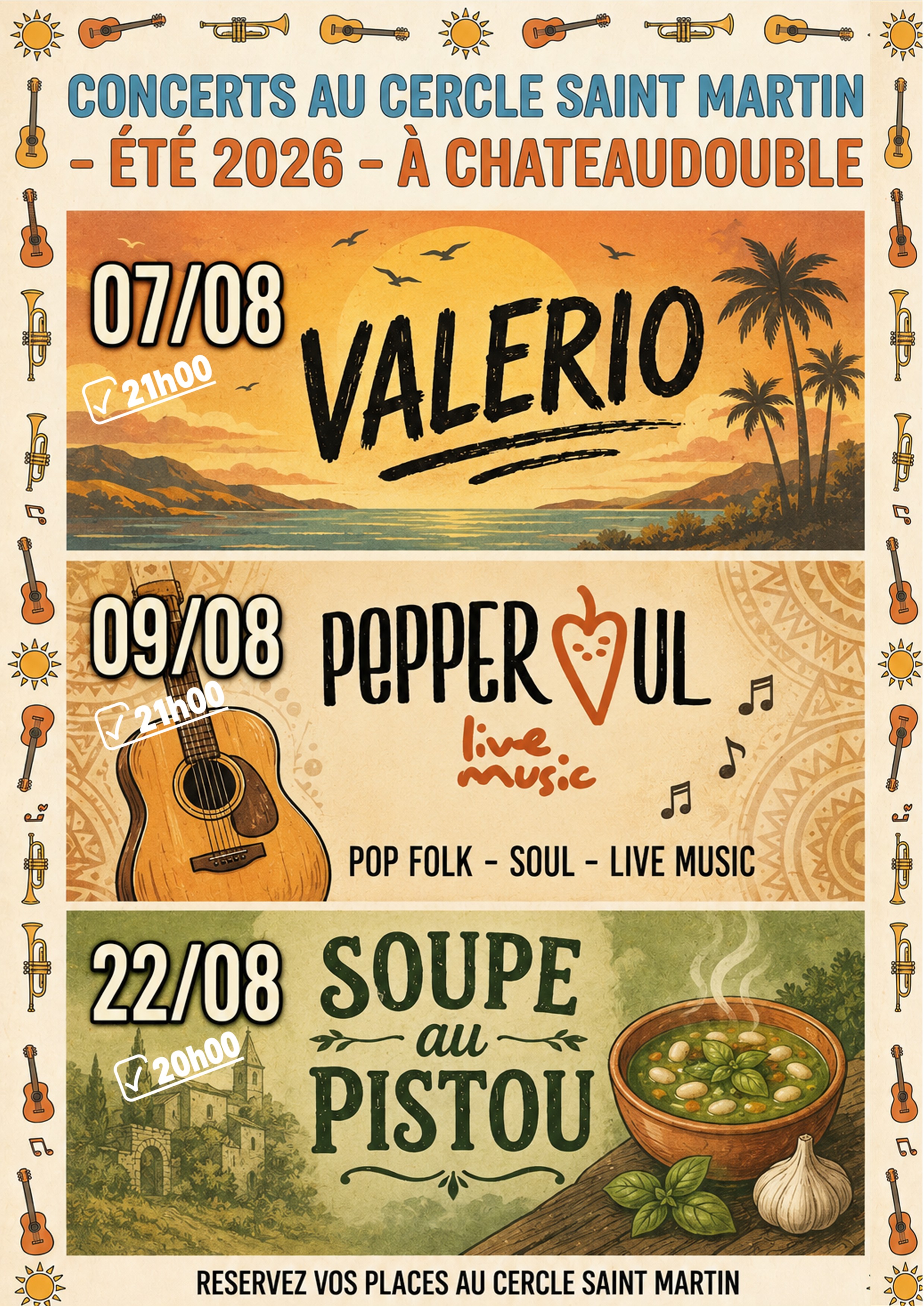 Concerts au Cercle Saint martin les 7, 9 et 22 aout
