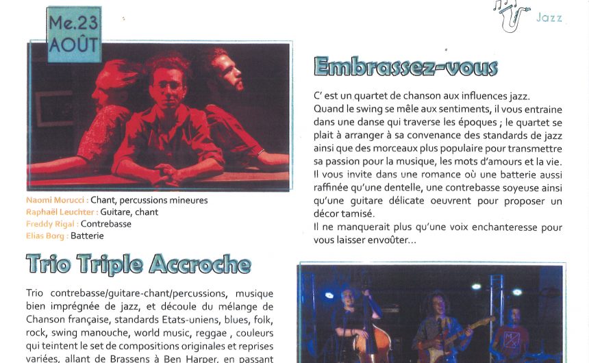 Châteaudouble Haute Culture le 23 août Embrassez-vous et Trio Triple Accroche – Jazz